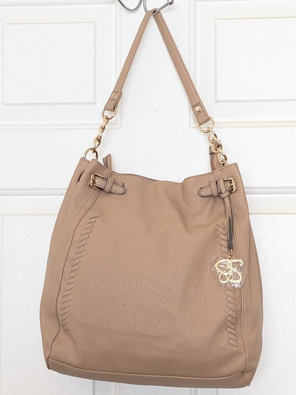 Jessica Simpson Hobo Bag Blush Pebbled Leather Shoulder Handbag Gold Chain Beige